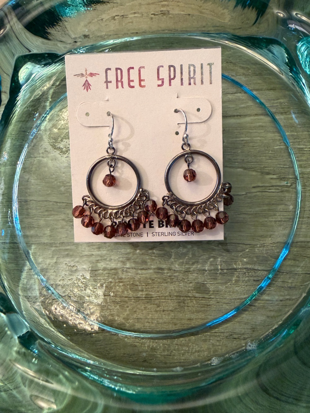 Sterling Silver dangle circle Hoop Earrings dark red stones Faceted Beads NWT
